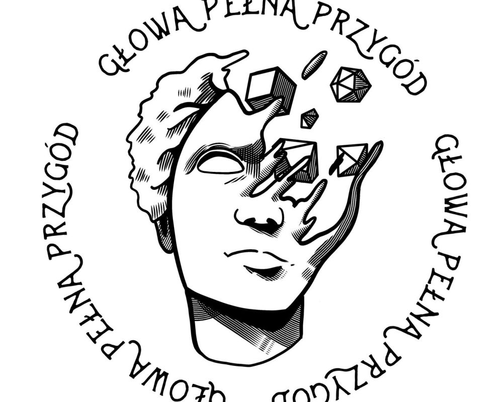Logo organizatora. Rysunek rozpadającej się głowy. Dookoła napis "Głowa Pełna Przygód" 