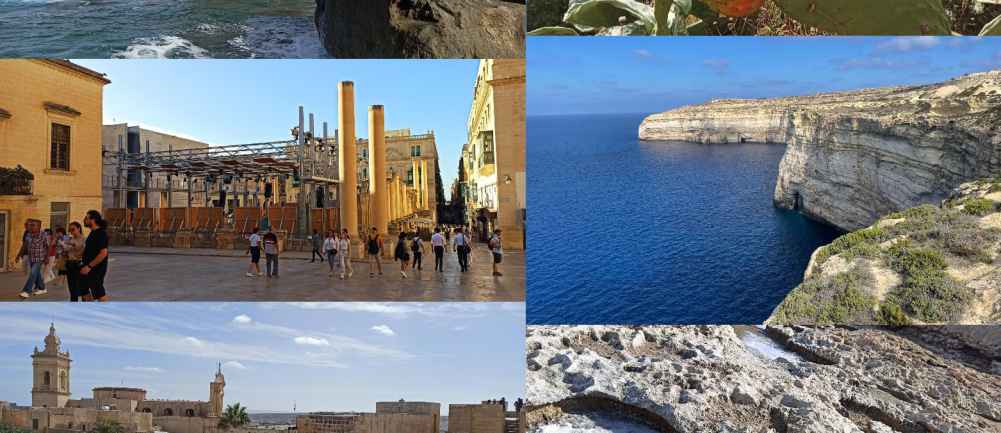 Kolaż składa się z 6 zdjęć z Malty. W lewym górnym rogu znajduje się zdjęcie skał nadmorskich, pod nim nowoczesna scena w okolicy starszej, zabytkowej zabudowy. Na końcu zabytkwowa, fortowa zabudowa Malty. W drugiej kolumnie, w prawym górym rogu znajduje 