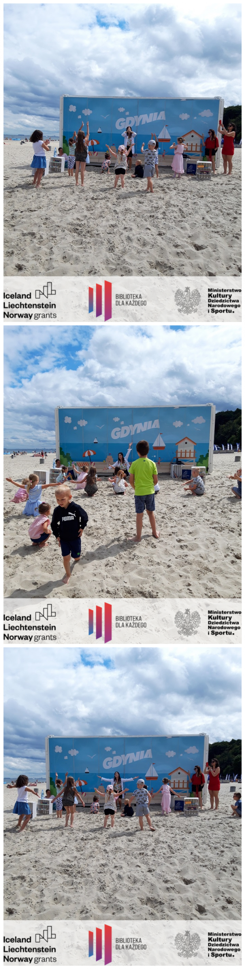 Zdjęcia przedstawiają instruktorkę pokazującą dzieciom kolejne taneczne zabawy na plaży 