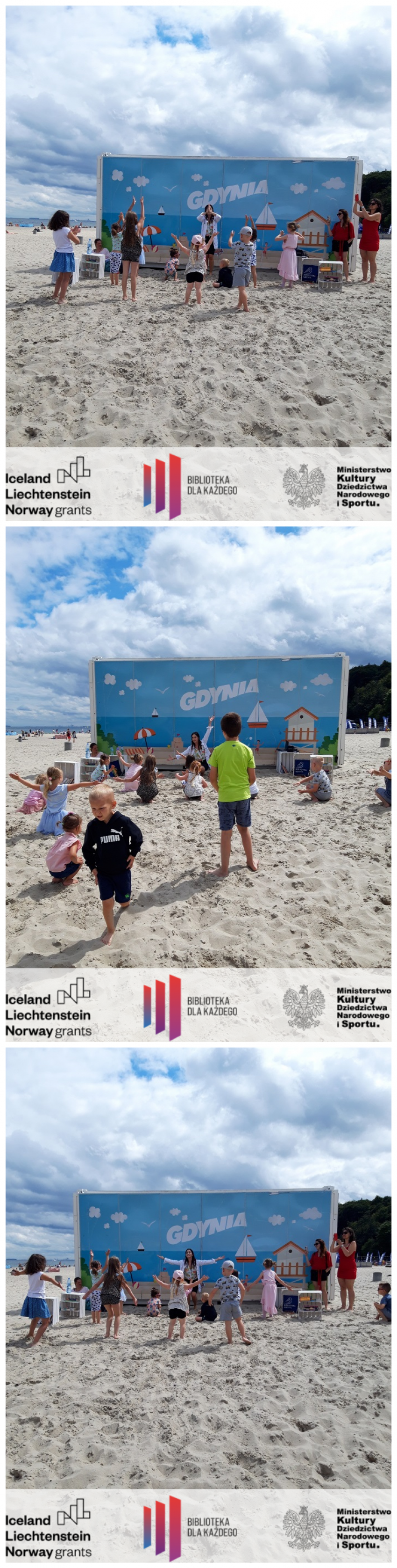 Zdjęcia przedstawiają instruktorkę pokazującą dzieciom kolejne taneczne zabawy na plaży