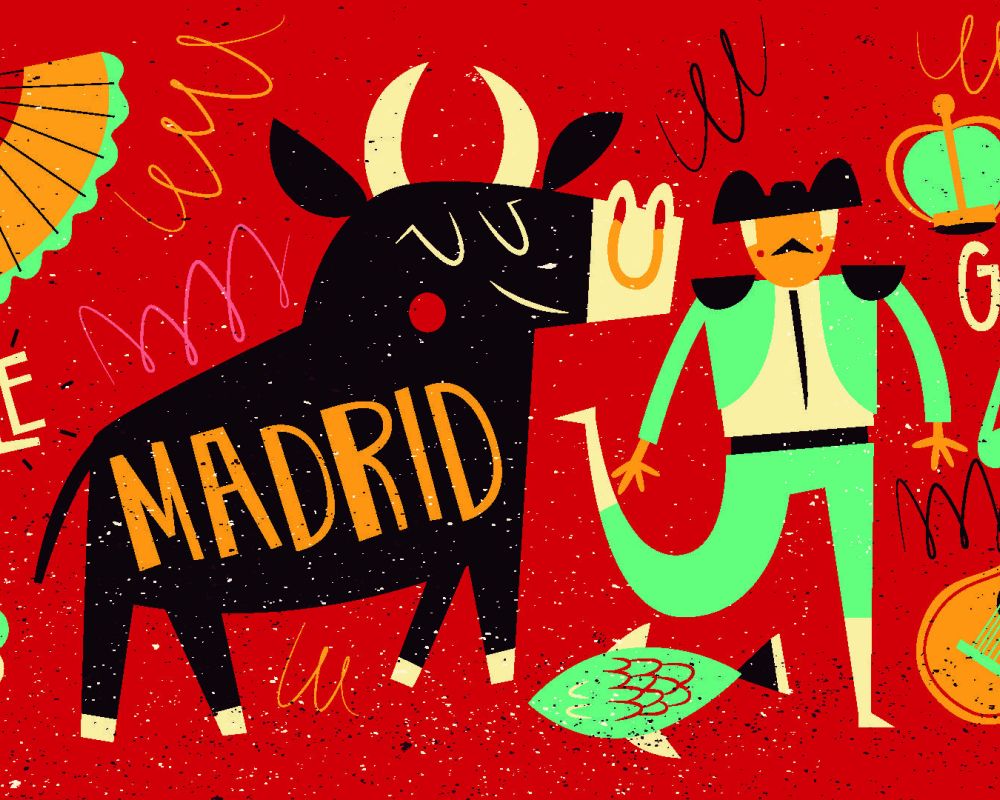 Rysunkowy torreador w zielonym garniturze, a obok niego uśmiechnięty byk na czerwonym tle. W tle widać przedmioty kojarzące się z hiszpańską kulturą: korona, wachlarz, gitara. 