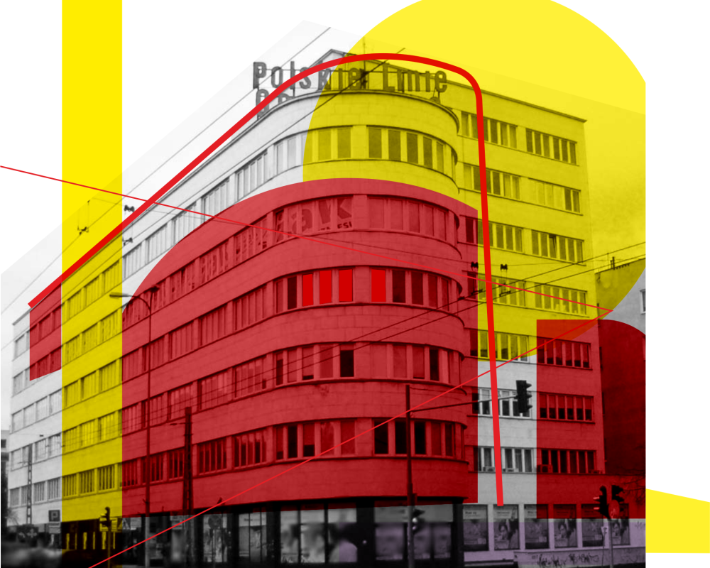 Modernistyczny gdyński budynek w czarnobiałych kolorach. Na nim plamy w kolorach żółtym i czerwonym. 