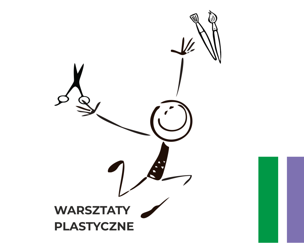 Rysunkowy ludzik z nożyczkami, pędzlem i kredką w rękach