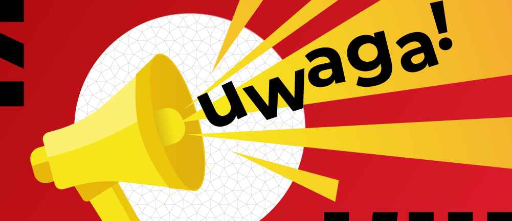 Żółty megafon, z którego wydobywa się głośny dźwięk z napisem "UWAGA!" 