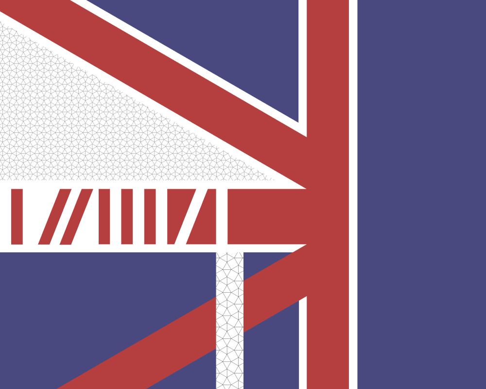 Grafika w kolorach granatowym, białym i czerwony, przypominająca fragment flagi Wielkiej Brytanii. 