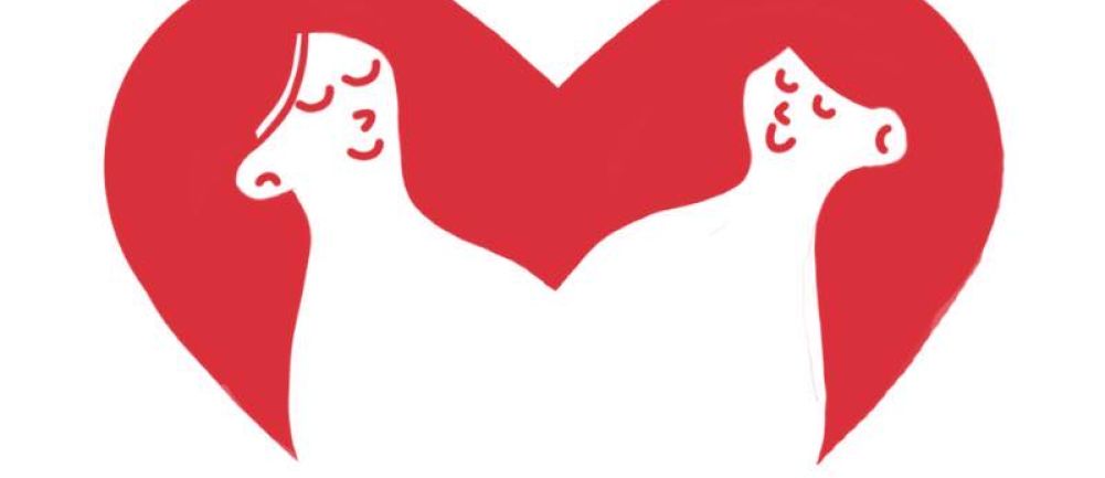 Rysunkowa grafika w białej i czerwonej kolorystyce - dwie kobiety ze spokojnym wyrazem twarzy. Ich bujne włosy tworzą będące za nimi serce.