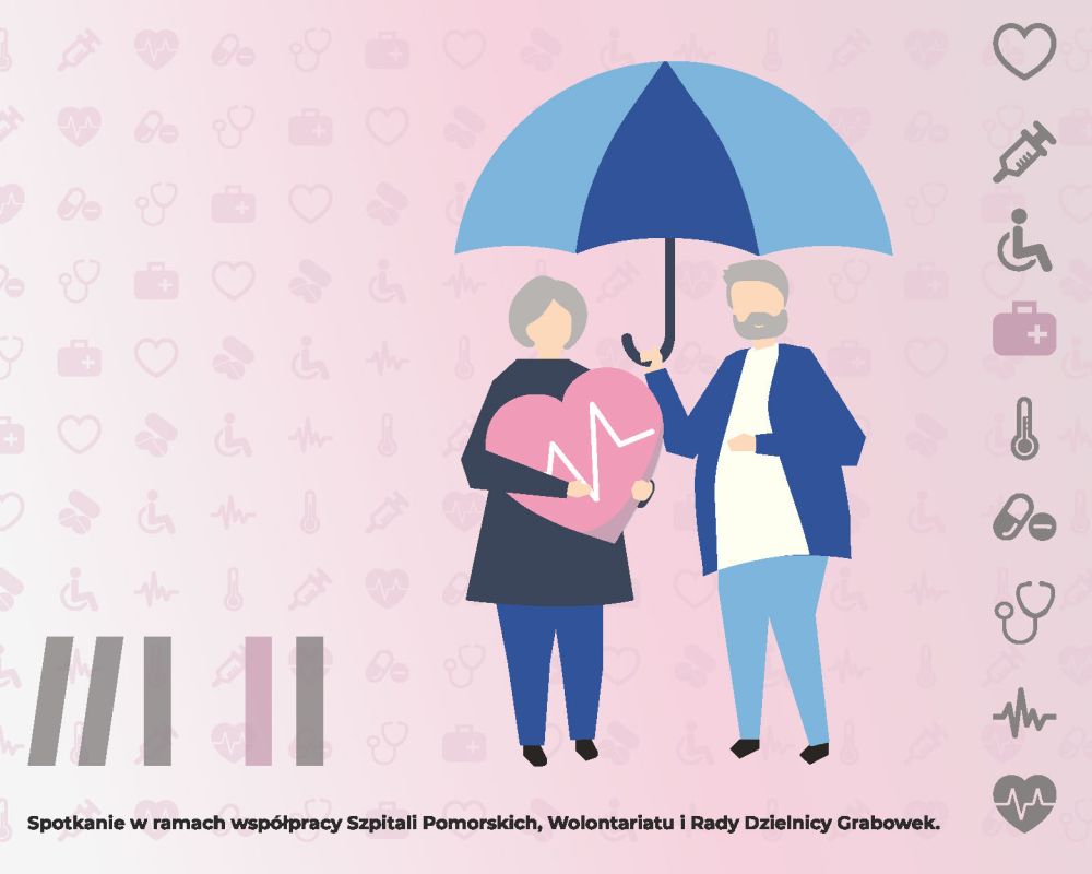 Seniorzy - mężczyżna i kobieta. On trzyma w ręku parasol, ona wielkie, różowe serce, w którym widnieje symbol bijącego pulsu.