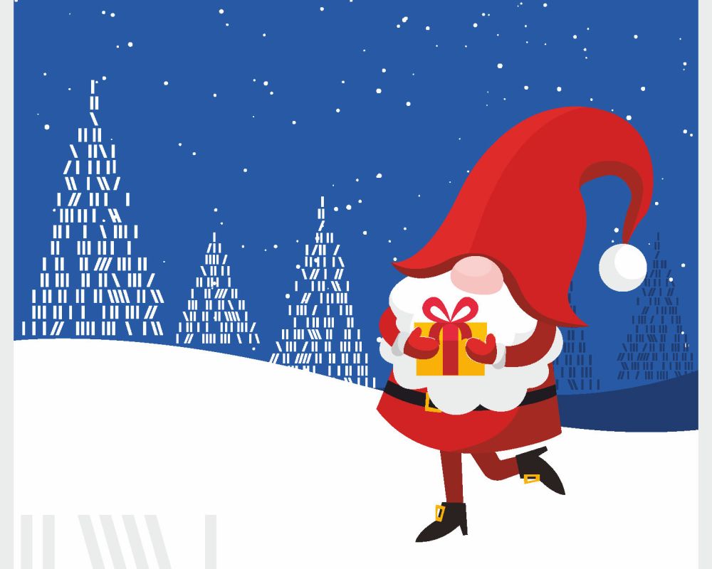 Animowany Mikołaj trzymający w rękach prezent, stojący na zaśnieżonym wzgórzu. W tle choinki zrobione z pionowych pasków imitujących książki. 