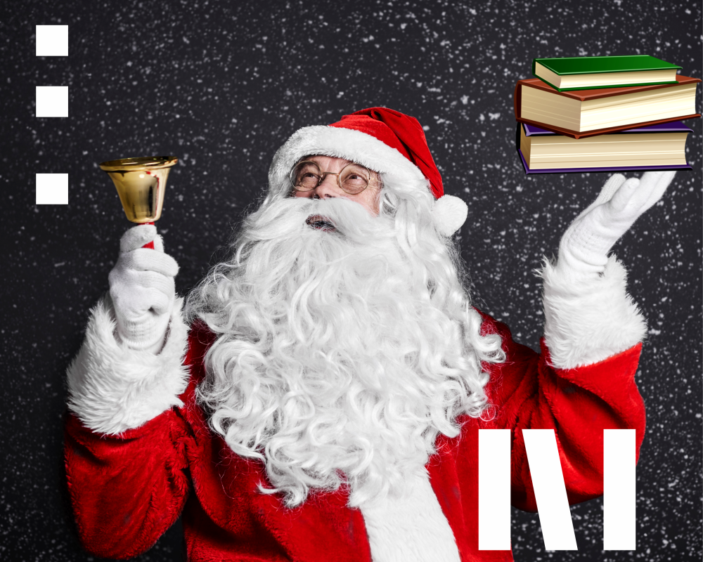 Święty Mikołaj trzymający w rękach dzwonek i książki. 