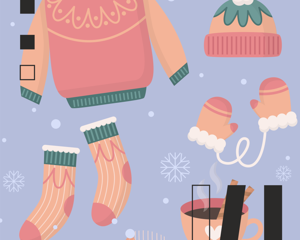 ubrania świąteczne - sweter, czapka, skarpety, rękawiczki. 