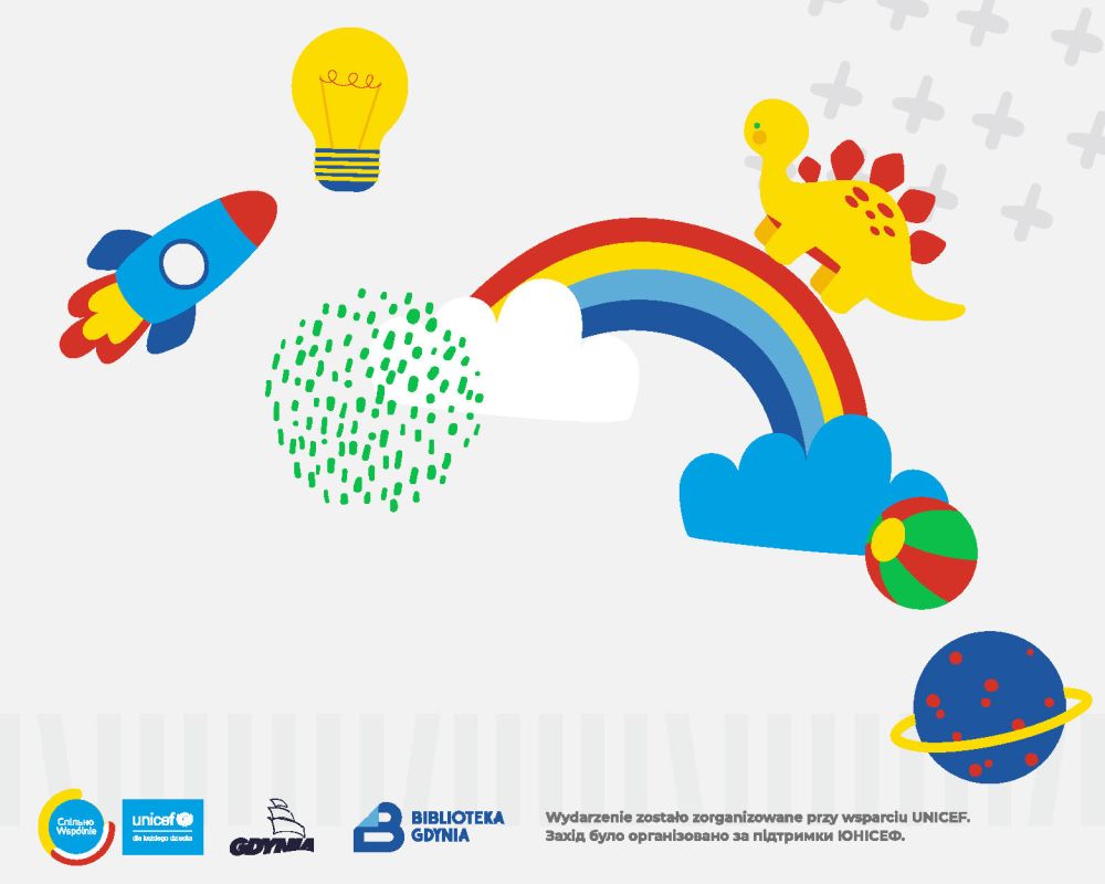 Kolorowa grafika, na której widnieją rysunkowe: rakieta, żarówka, dinozaur stojący na tęczy, piłka, planeta. 