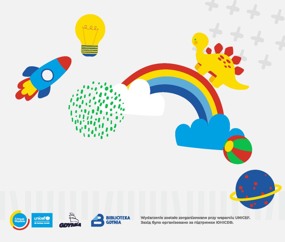 Ilustracja przedstawia rysunkowy kolaż: rakietę, tęczę, dinozaura, planetę, piłkę, chmurkę i żarówkę. 