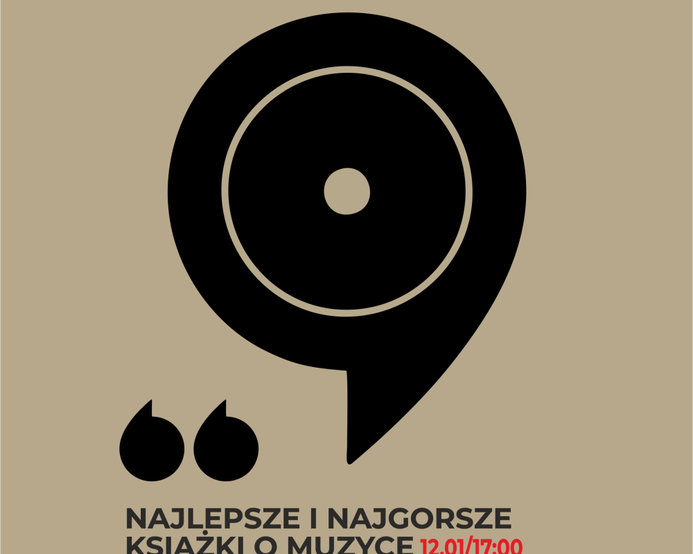 Na beżowym tle czarny dymek komiksowy, a w nim czarna płyta winylowa. Poniżej czarny napis z nazwą wydarzenia.