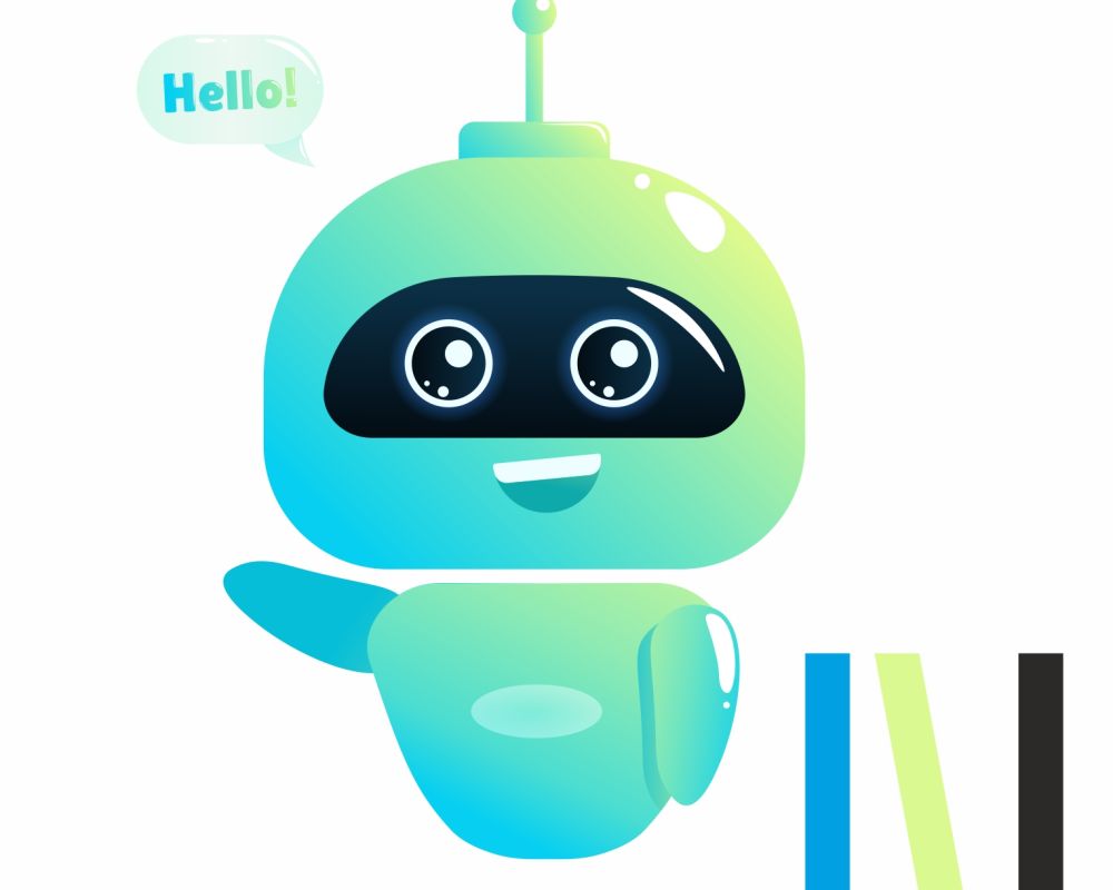 Zielony, uśmiechnięty, bajkowy robot, który macha prawą ręką. 