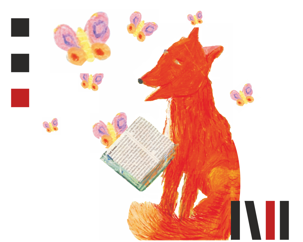 Namalowany farbami lis czytający książkę. Wokół niego latają żółtofioletowe motyle. 