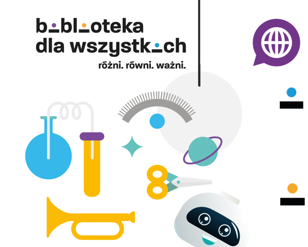 Rysunkowe elementy symbolizujące różne aktywności: probówki, trąbka, nożyczki, robot. Na górze czarny napis: "Biblioteka dla wszystkich". 