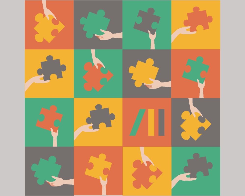 Kwadratowe pola w różnych kolorach, sąsiadujące ze sobą. Na każdym z nich są dłonie trzymające puzzle.