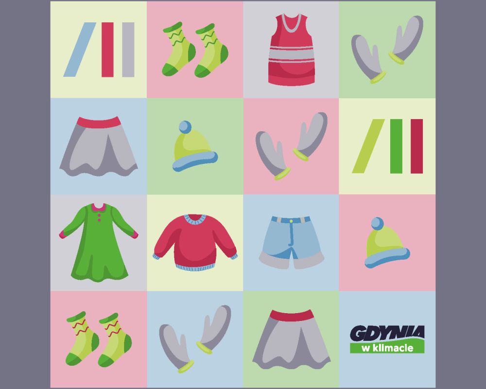 Kolorowe ikonki symbolizujące różne części garderoby. W prawym dolnym rogu widnieje logo programu Gdynia w Klimacie. 