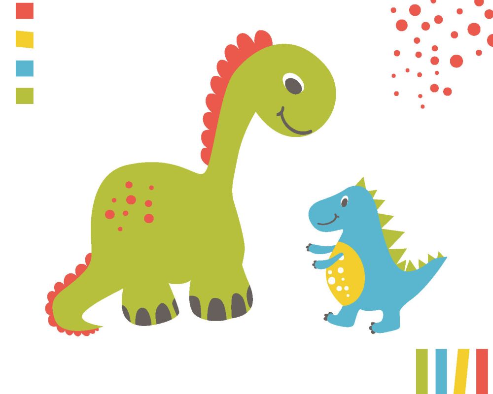 Rysunkowe dinozaury. Po lewej stronie duży zielony, po prawej mały niebieski.
