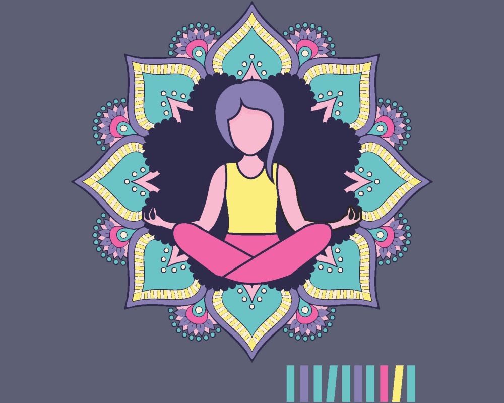 Rysunkowa kobieta medytująca w siadzie skrzyżnym. Dookoła niej widać są kolorowe mandale. 