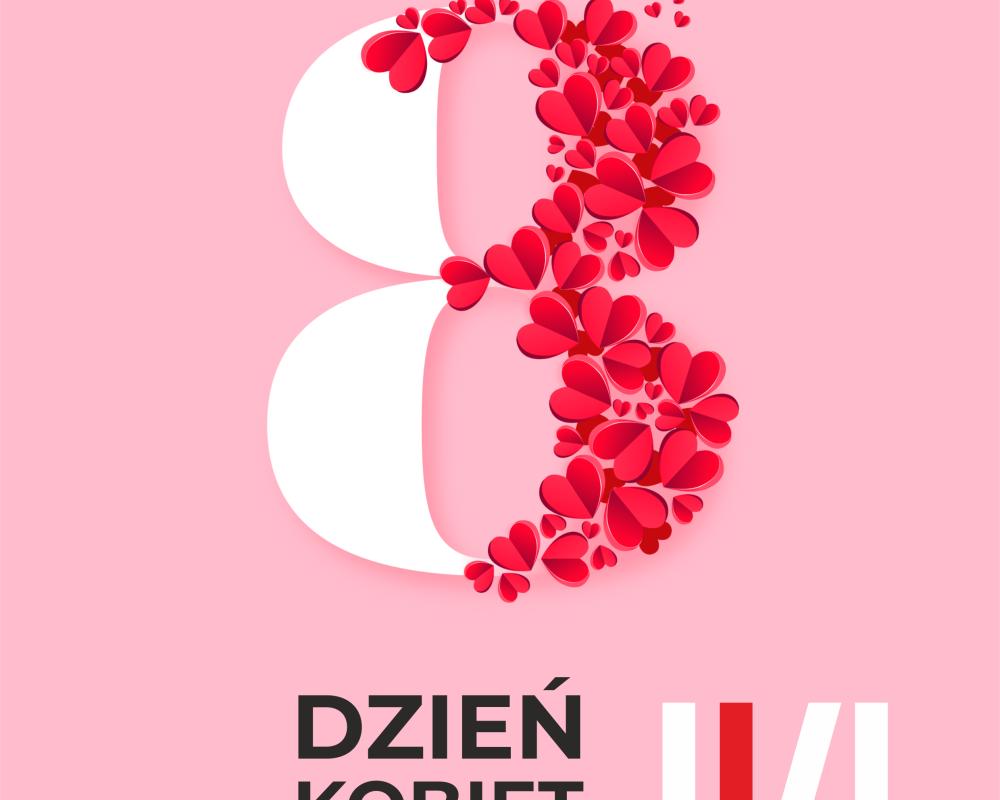 Biało-czerwona ósemka, wykonana w połowie z płatków czerwonych róż. Pod spodem napis: "Dzień kobiet"