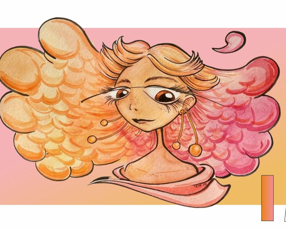 Rysunek przedstawiający młodą dziewczynę z bardzo chudą szyją, dużymi, piwnymi oczami i burzą kręconych włosów w kolorach pomarańczowym i różowym. 