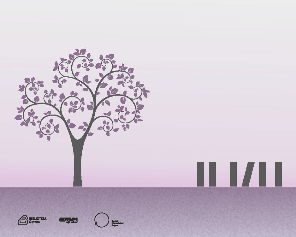Drzewo z gałęziami pełnymi fioletowych liści na jasnym tle. Poniżej logotypy Biblioteki Gdynia i partnerów. 