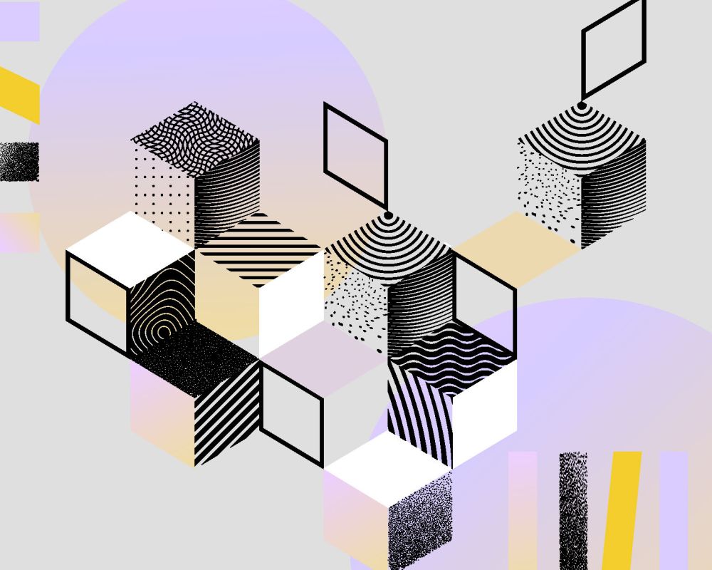 Abstrakcyjny rysunek z figurami geometrycznymi w czarnobiałych kolorach.