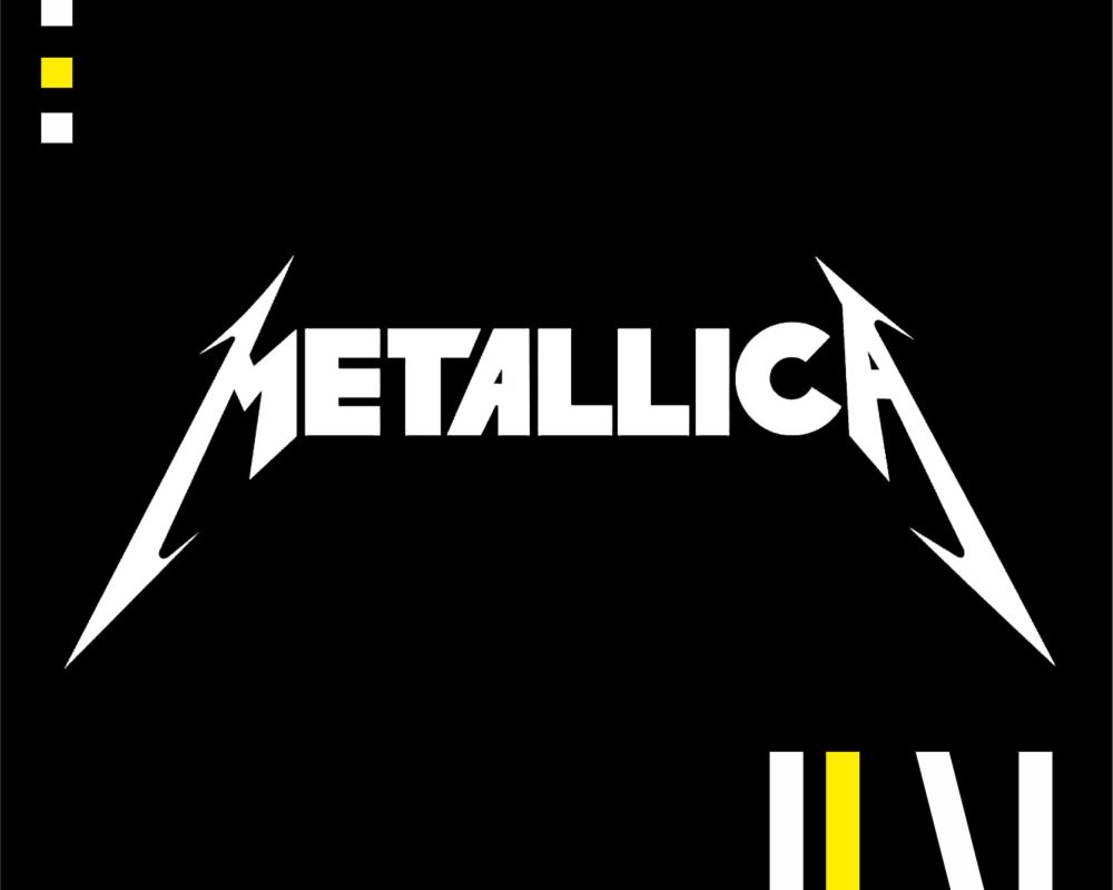 Białe logo zespołu Metallica na czarnym tle. 