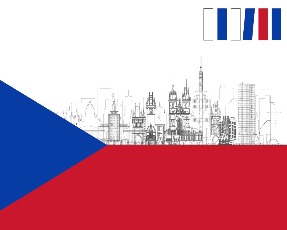 Flaga Republiki Czeskiej. Na jej górnym odcinku widać naszkicowane miasto. 