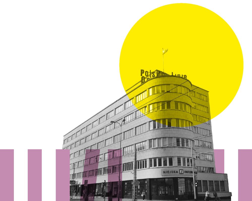 Modernistyczny, gdyński budynek w czarnobiałych kolorach na białym tle. W jego prawym górnym rogu widoczna jest żółta, okrągła plama. 