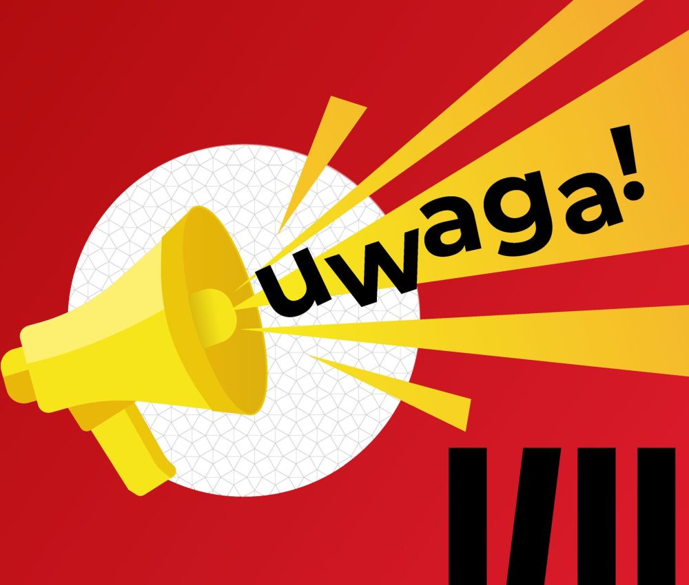 Żółty megafon, z którego wydobywa się głośny dźwięk z napisem "UWAGA!" 