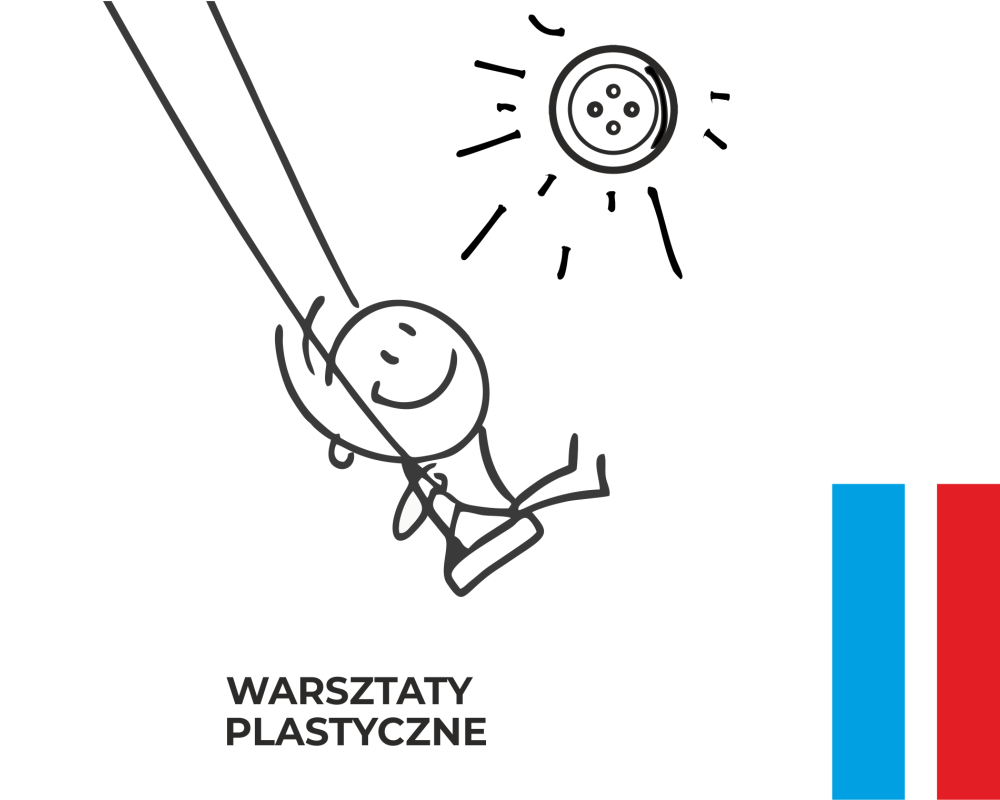 Uśmiechnięty ludzik siedzący na huśtawce. Patrzy na słońce będące guzikiem. 