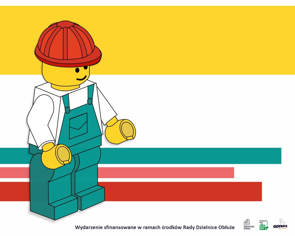 Ludzik Lego w zielonych ogrodniczkach i z czerwonym kaskiem budowlanym na głowie. 