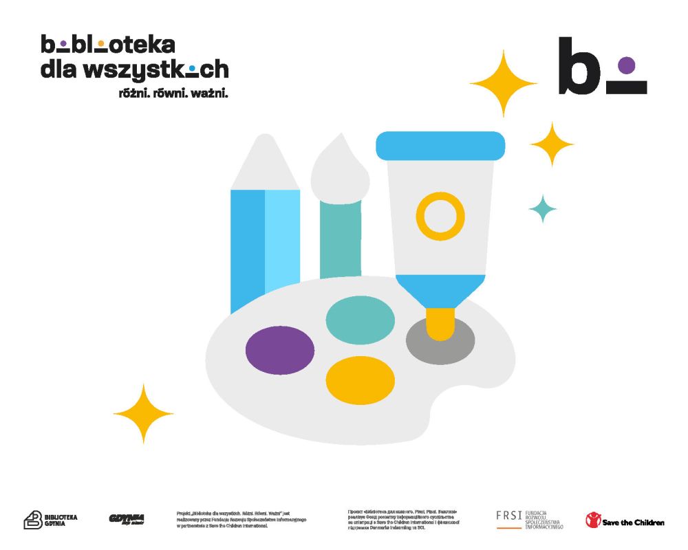 Paleta kolorów oraz pędzle i farba w tubce. Po lewej stronie napis: "Rysostwory". Dookoła widać logotypy projektu "Biblioteka dla wszystkich"