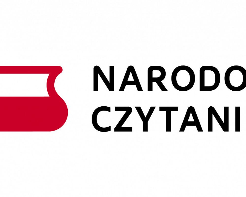 Czarny napis "Narodowe czytanie". Po lewej stronie książka w barwach polskich flagi.