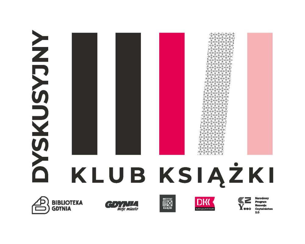 Kolorowe paski imitujące książki leżące na półce. Po lewej stronie czarny napis: "Dyskusyjny", na dole, pod paskami: "Klub Książki". Poniżej logotypy Biblioteki i partnerów. 