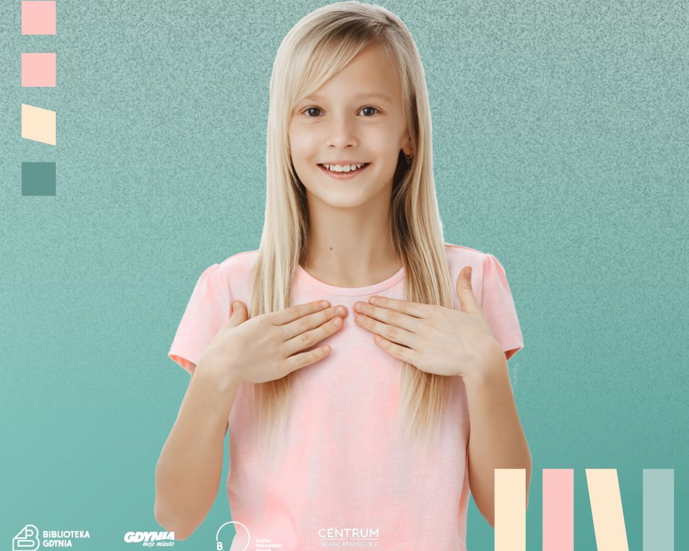 Dziewczynka w długich blond włosach pokazująca gesty w języku migowym