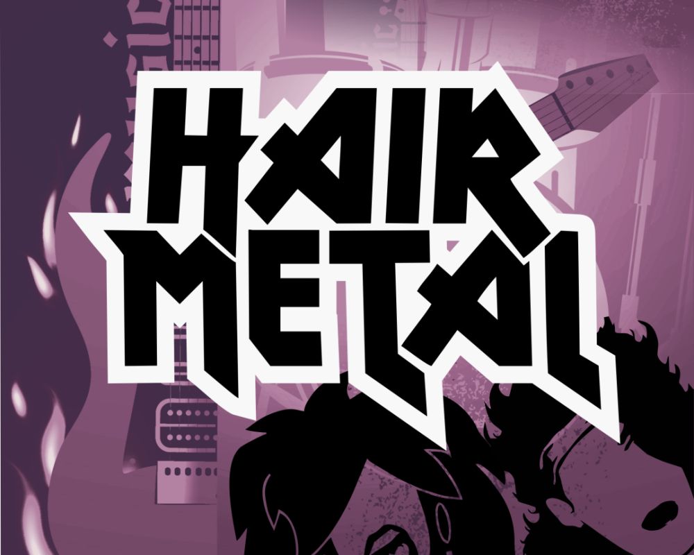Na fioletowym tle czarnobiały napis "Hair Metal". Z tyłu widać sylwetki muzyków rockowych oraz gitary 
