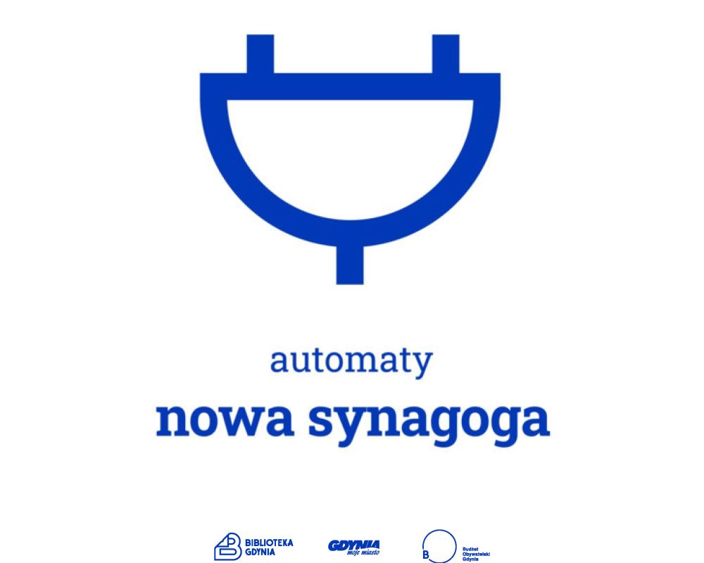 Minimalistyczna grafika przedstawiająca niebieską wtyczkę na białym tle. Pod wtyczką niebieski napis: "automaty. nowa synagoga"