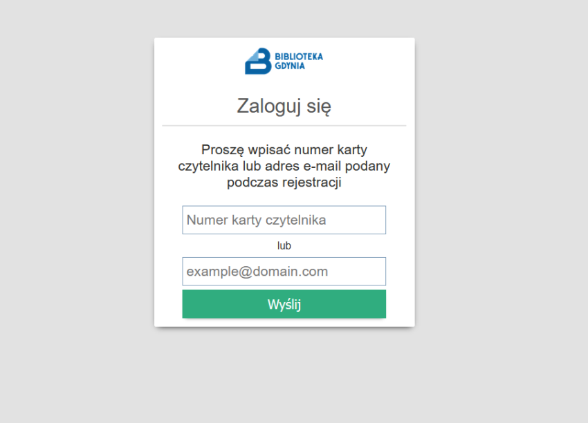 Na ilustracji widać biały prostokąt. U góry znajduje się niebieskie logo Biblioteki Gdynia, po dnim zaś napis "Zaloguj się". Pod nim pod kreską widnieje napis: "Proszę wpisać numer karty czytelnika lub adres e-mail podany podczas rejestracji". Poniżej zna 