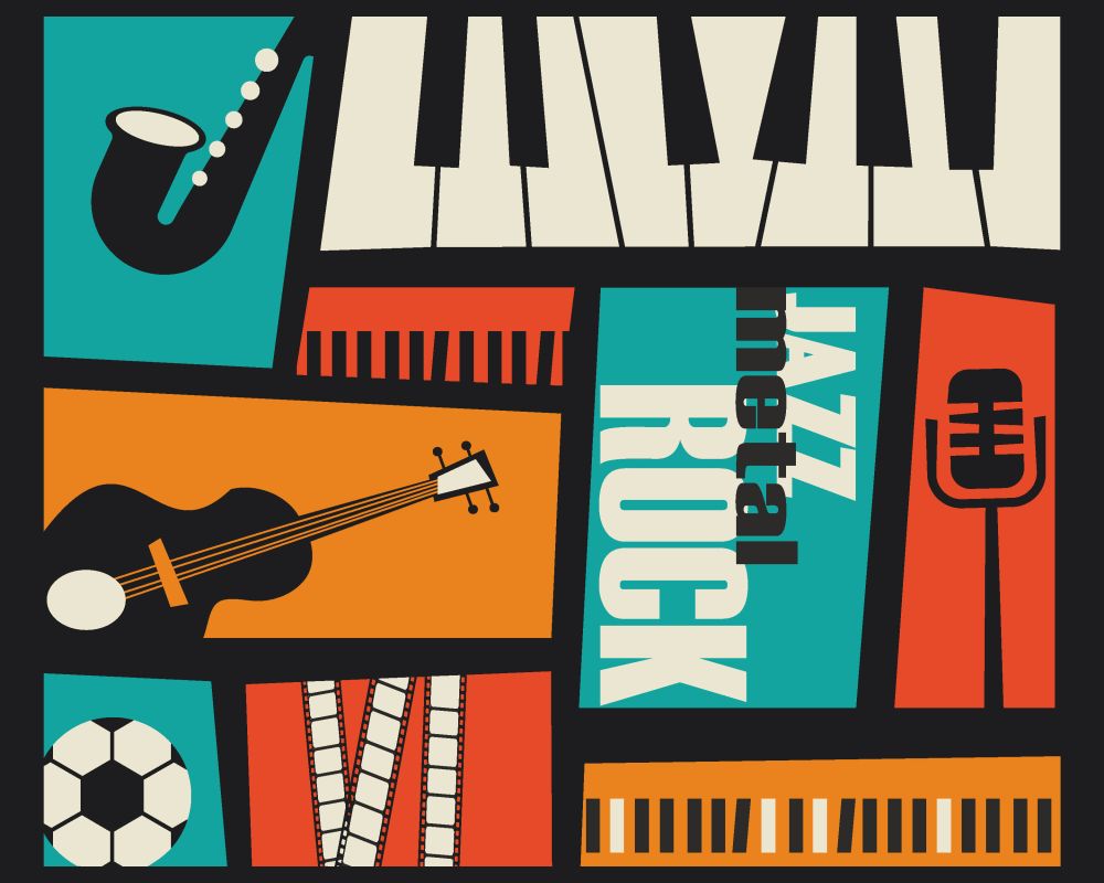 Grafika podzielona na kolaż w stylu komiksowym. Na każdym z obrazków widzimy instrumenty muzyczne oraz taśmy filmowe i piłka do piłki nożnej.