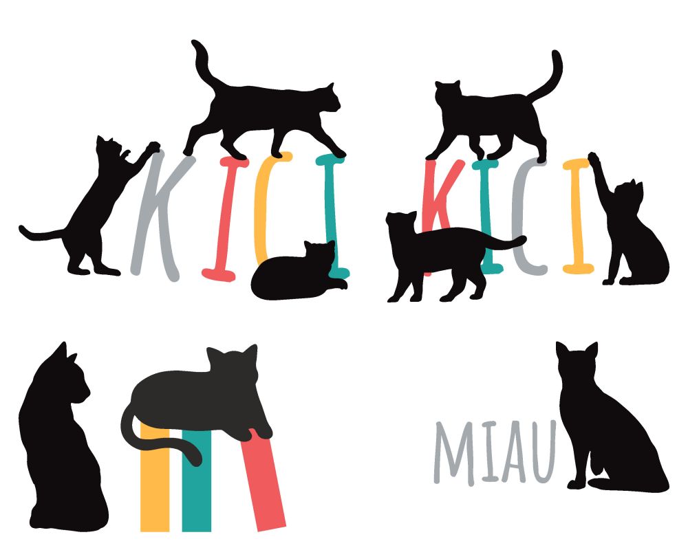 Na białym tle czarne cienie kotów bawiących się obok kolorowego napisy "Kici Kici Miau". 