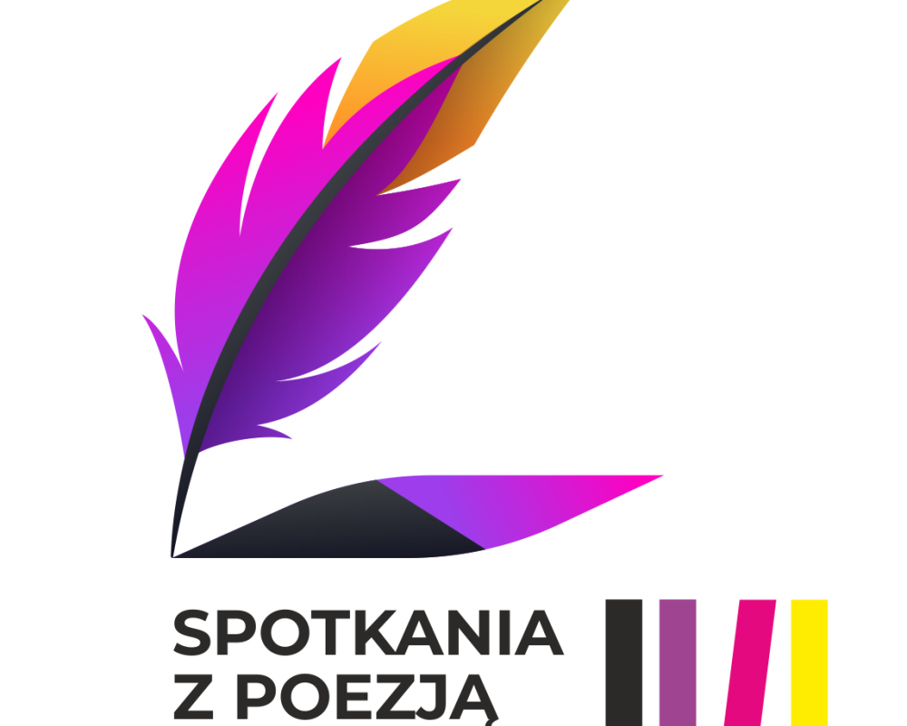 Na białym tle fioletowe pióro. Pod nim czarny napis: "Spotkania z poezją".