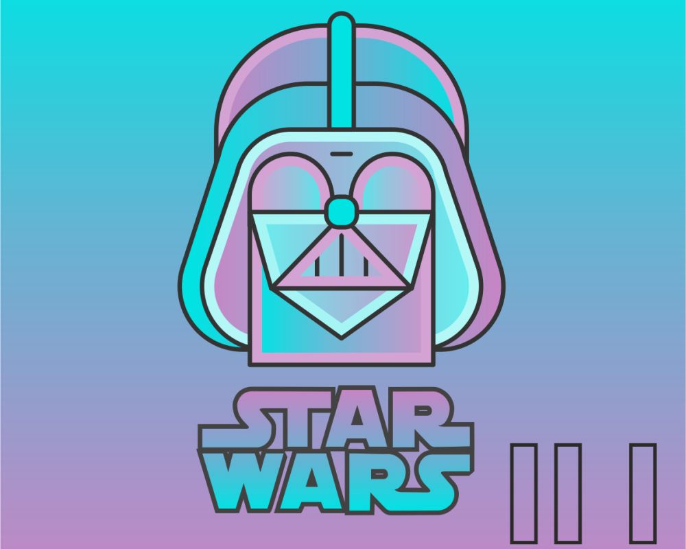 Grafika w niebiesko-fioletowej kolorystyce. Głowa Dartha Vadera, postaci z serii filmowej "Gwiezdne Wojny". Pod nią, na dole, napis: "Star Wars". 