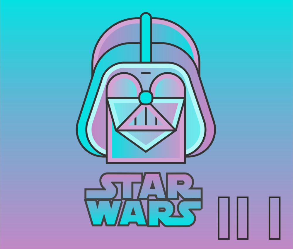 Grafika w niebiesko-fioletowej kolorystyce. Głowa Dartha Vadera, postaci z serii filmowej "Gwiezdne Wojny". Pod nią, na dole, napis: "Star Wars". 