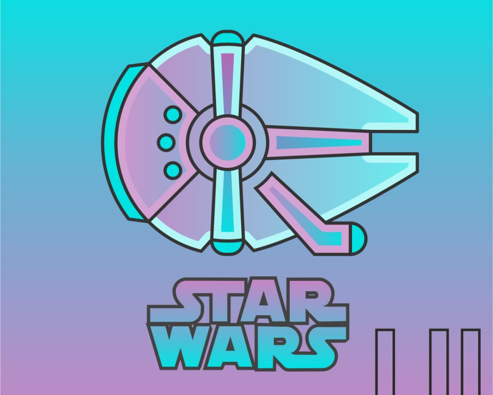 Grafika w niebiesko-fioletowej kolorystyce. Statek kosmiczny. Poniżej napis: "Star Wars"