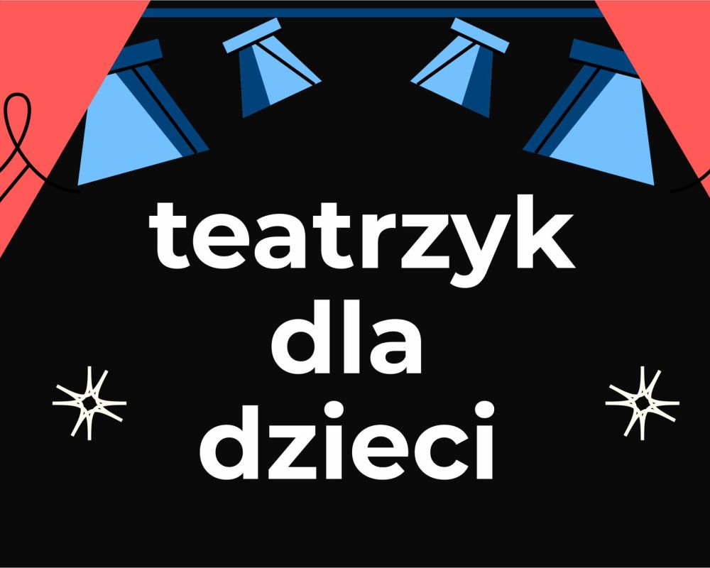 Odsłonięta kurtyna. Za nią czarne tło i światła. Na środku biały napis: "teatrzyk dla dzieci" 