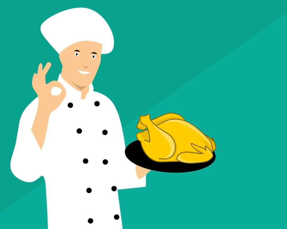 Grafika. Kucharz w białym fartuchu, z białą czapką na głowie. Trzyma ręku talerz z pieczonym kurczakiem. 