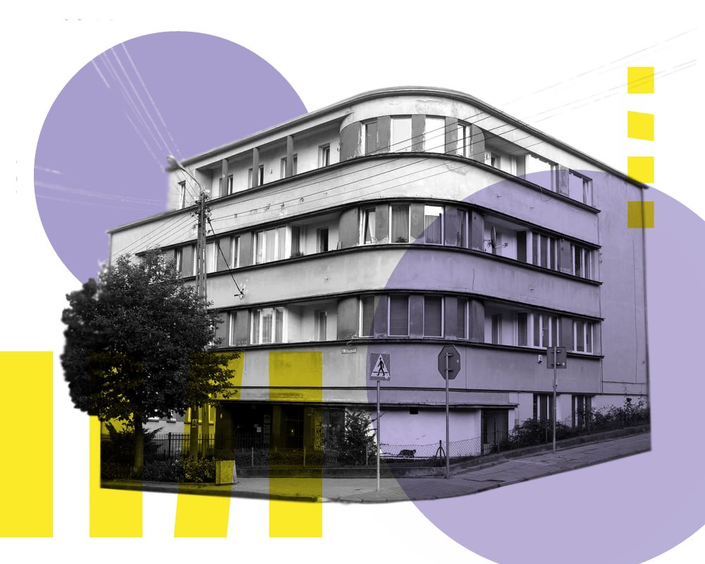 Czarnobiałe zdjęcie budynku przeplatane z kolorami fioletowym i żółtym 